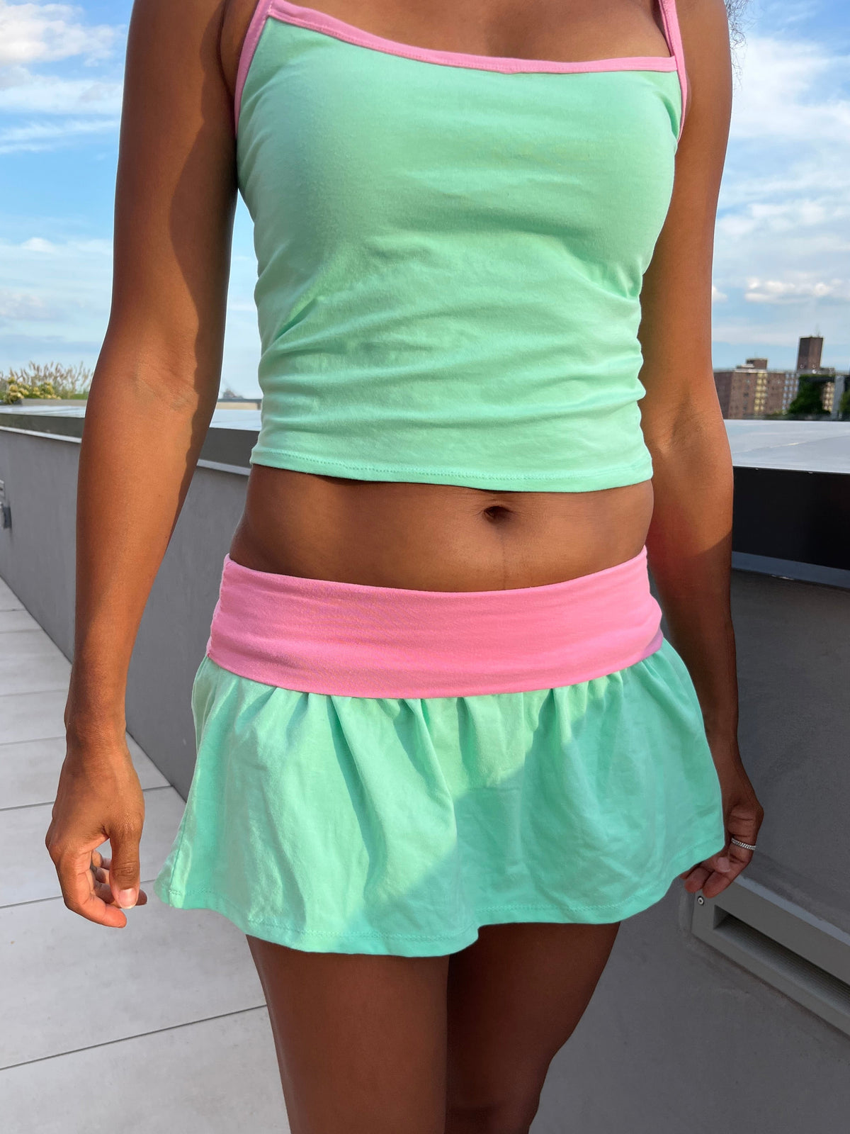 Rosie Mini Foldover Skirt in Jade & Pink