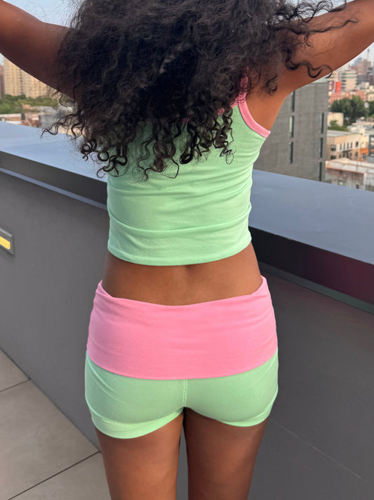 Rosie Foldover Shorts in Jade & Pink